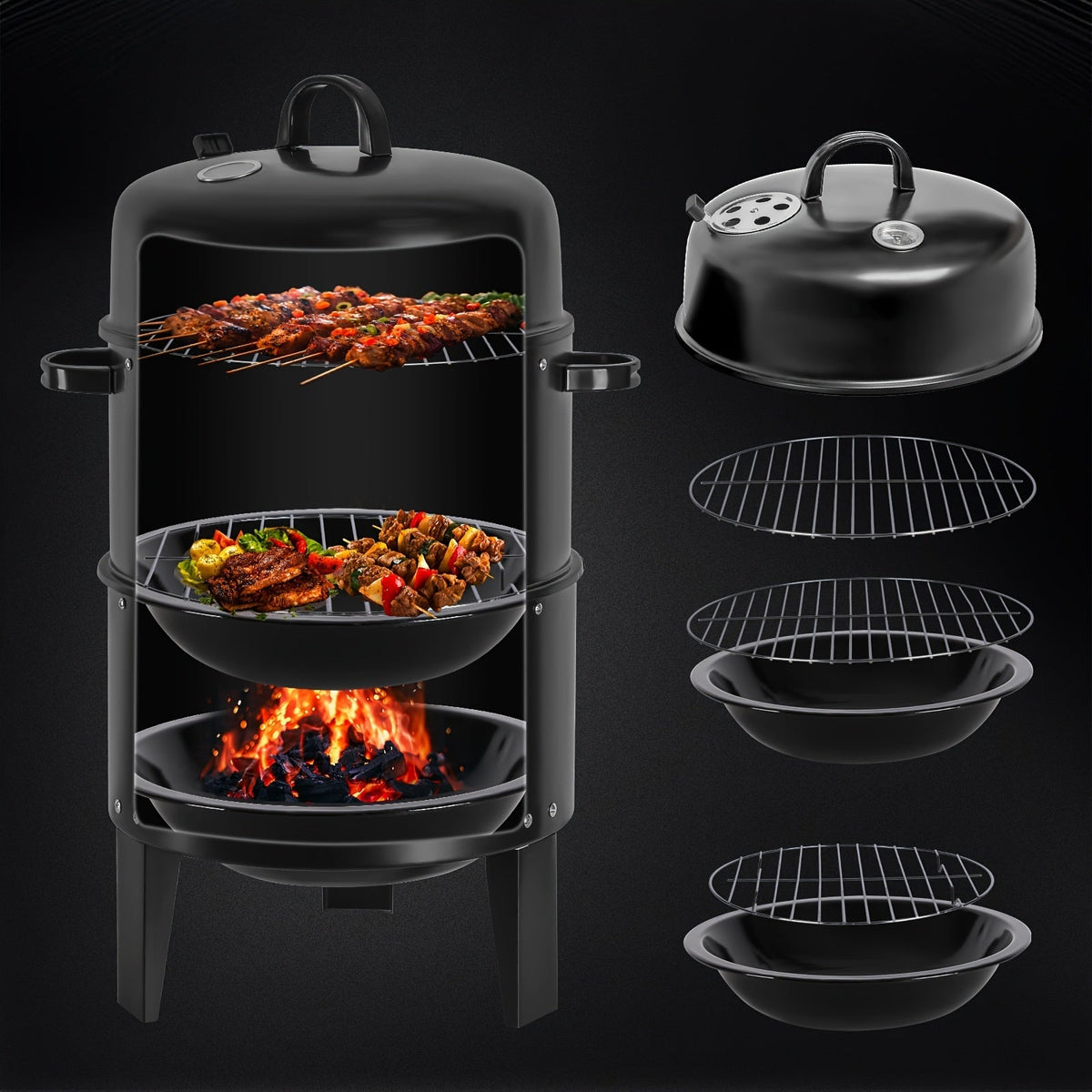 Charcoal Smoker Grill 16 Inch Vertical 3-Tier with Easy Temperature Control for Grilling, Camping and Outdoor Meals — image 2