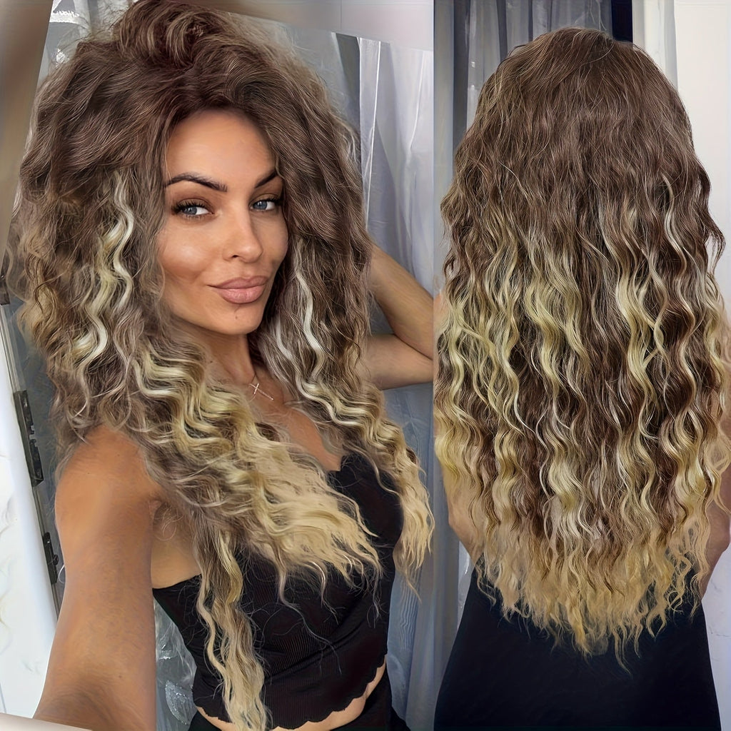 Synthetic Wig 30-Inch Long Curly Waves with Dark Roots, Middle Part and Three Ombre Colors — image 1