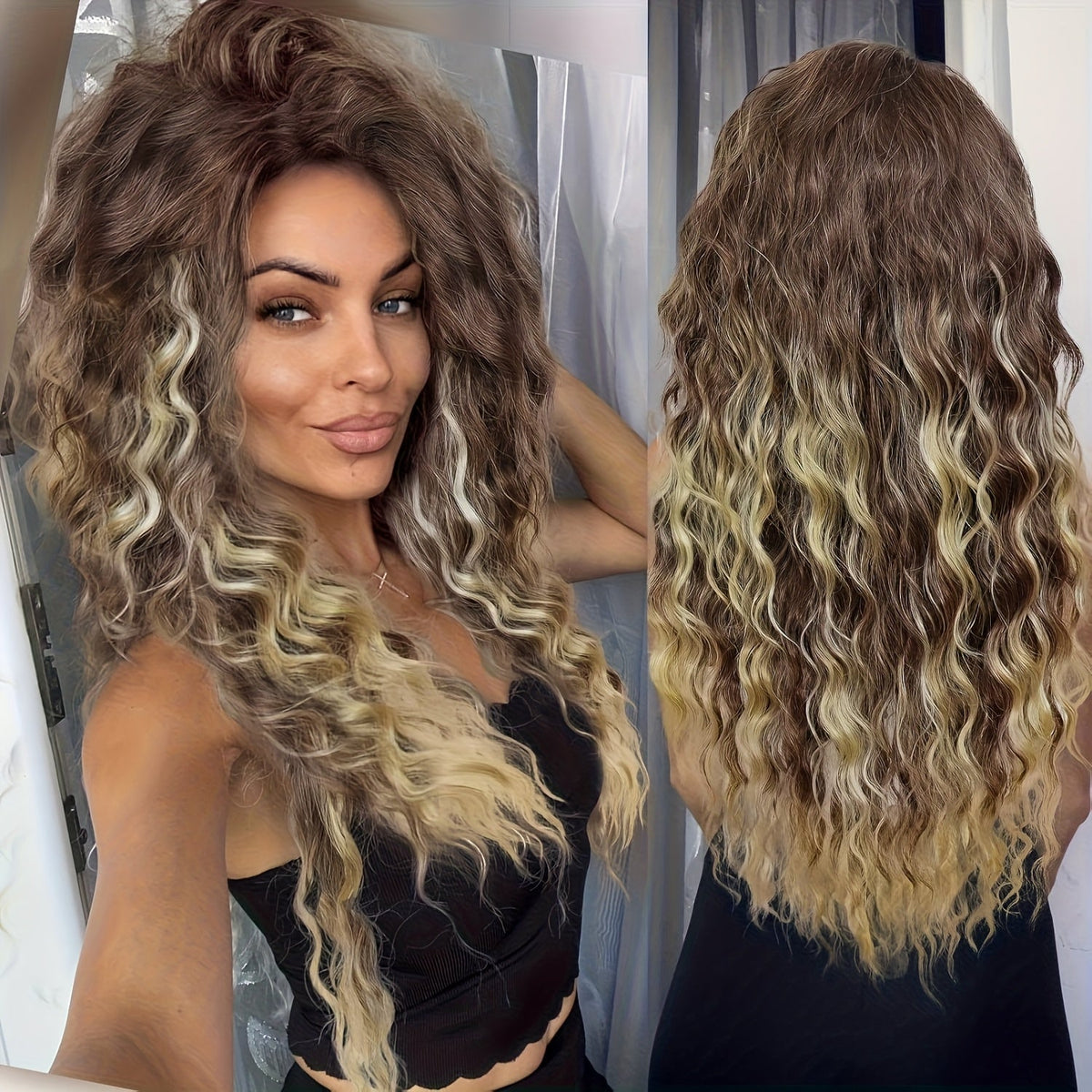 Synthetic Wig 30-Inch Long Curly Waves with Dark Roots, Middle Part and Three Ombre Colors — image 1