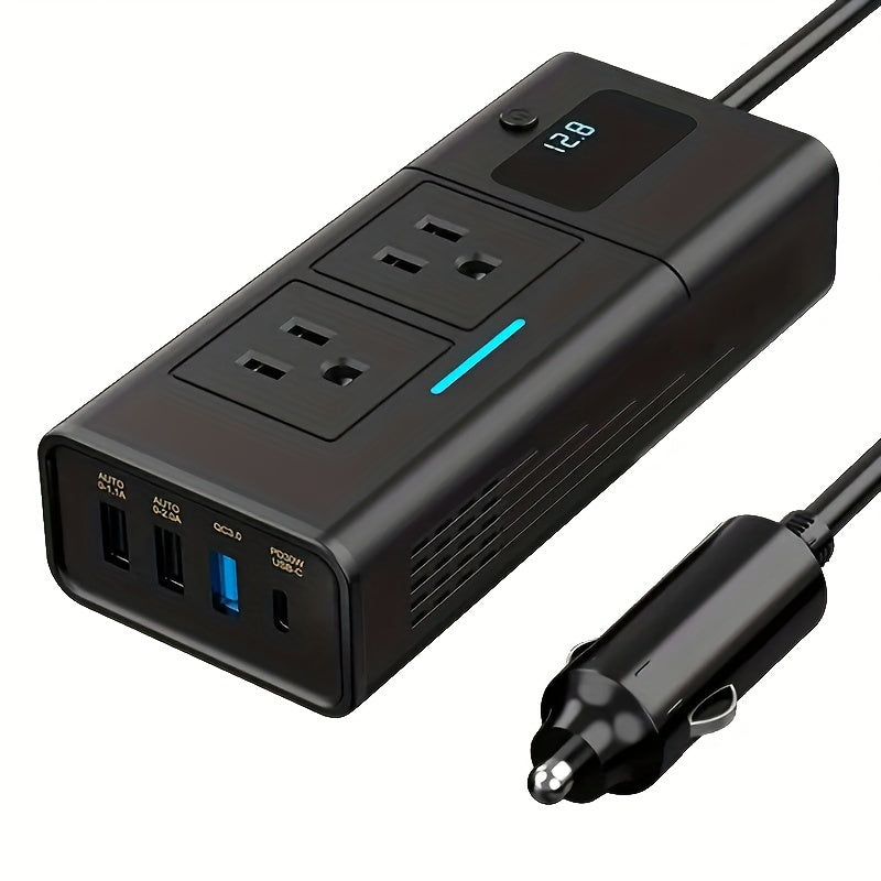 Black 200W Elongated Car Power Inverter Hub with Multiple 110V AC Outlets, USB Ports and Display — image 1