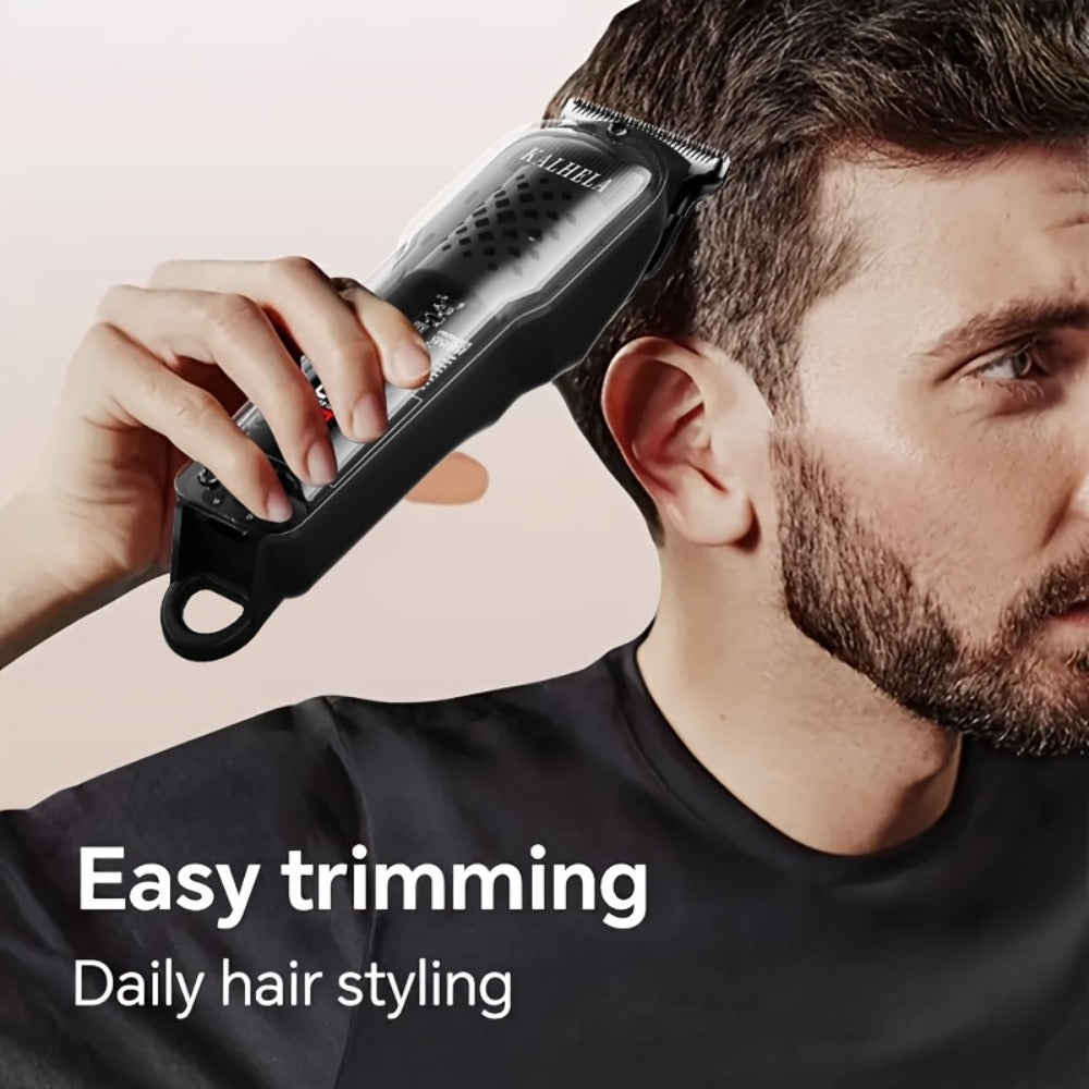 Transparent Electric Hair Clipper with Digital Display, Four Guide Combs, Grooming Tools and Red, Black or Blue Finish — imag