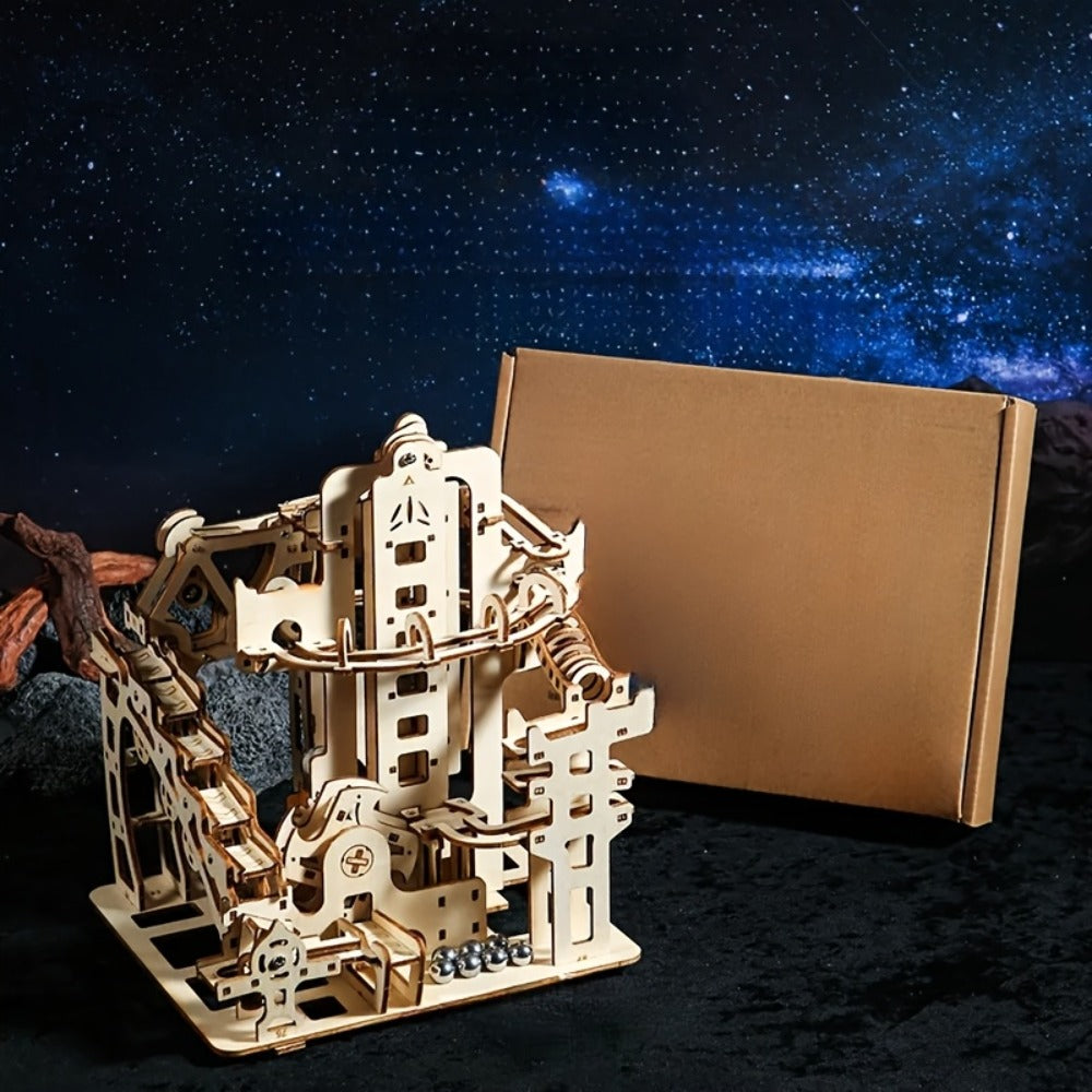 Wooden Marble Track Model Kit with Dual-Linkage A or B Builds, Laser-Cut Panels, Gears and Ball Rails — image 9