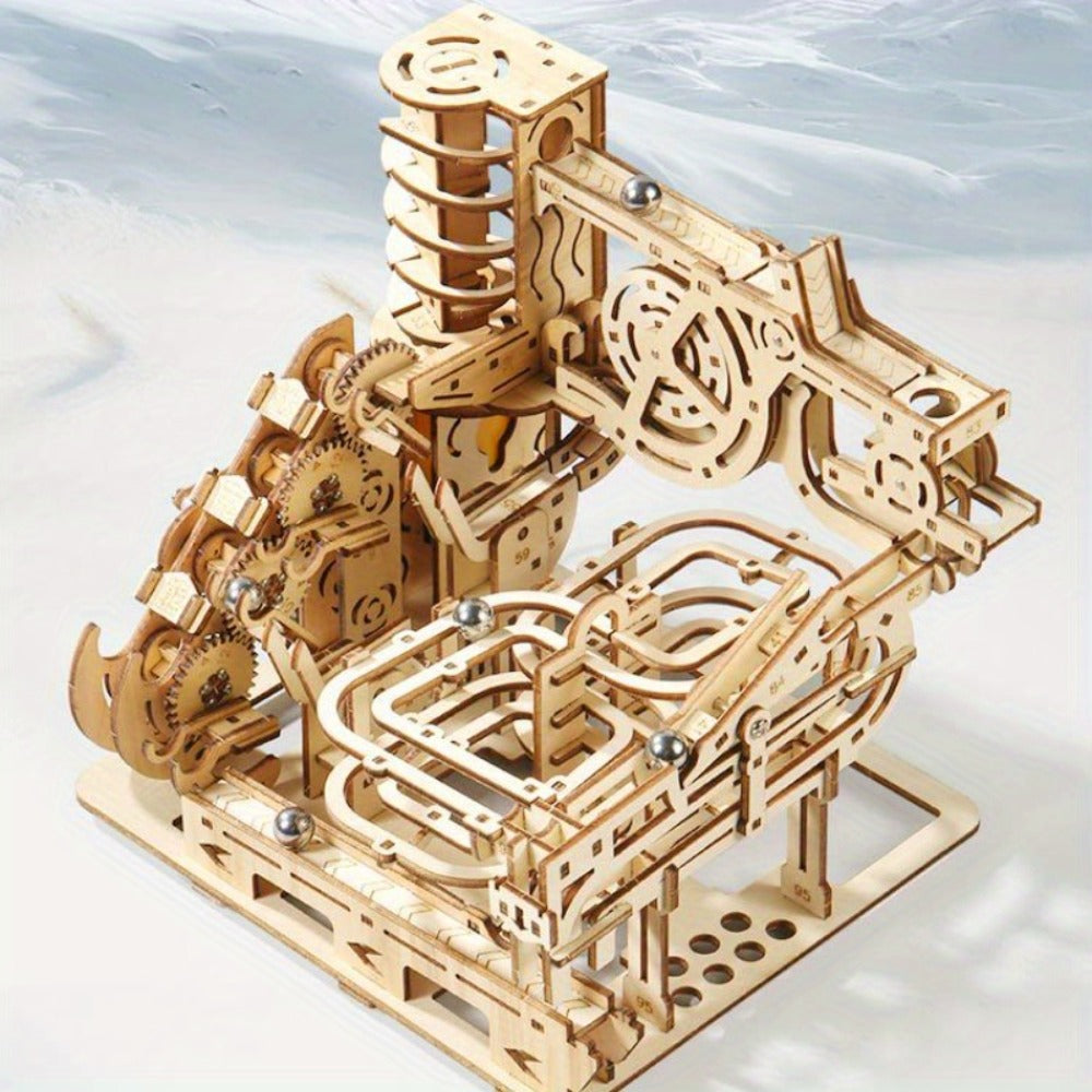 Wooden Marble Track Model Kit with Dual-Linkage A or B Builds, Laser-Cut Panels, Gears and Ball Rails — image 11