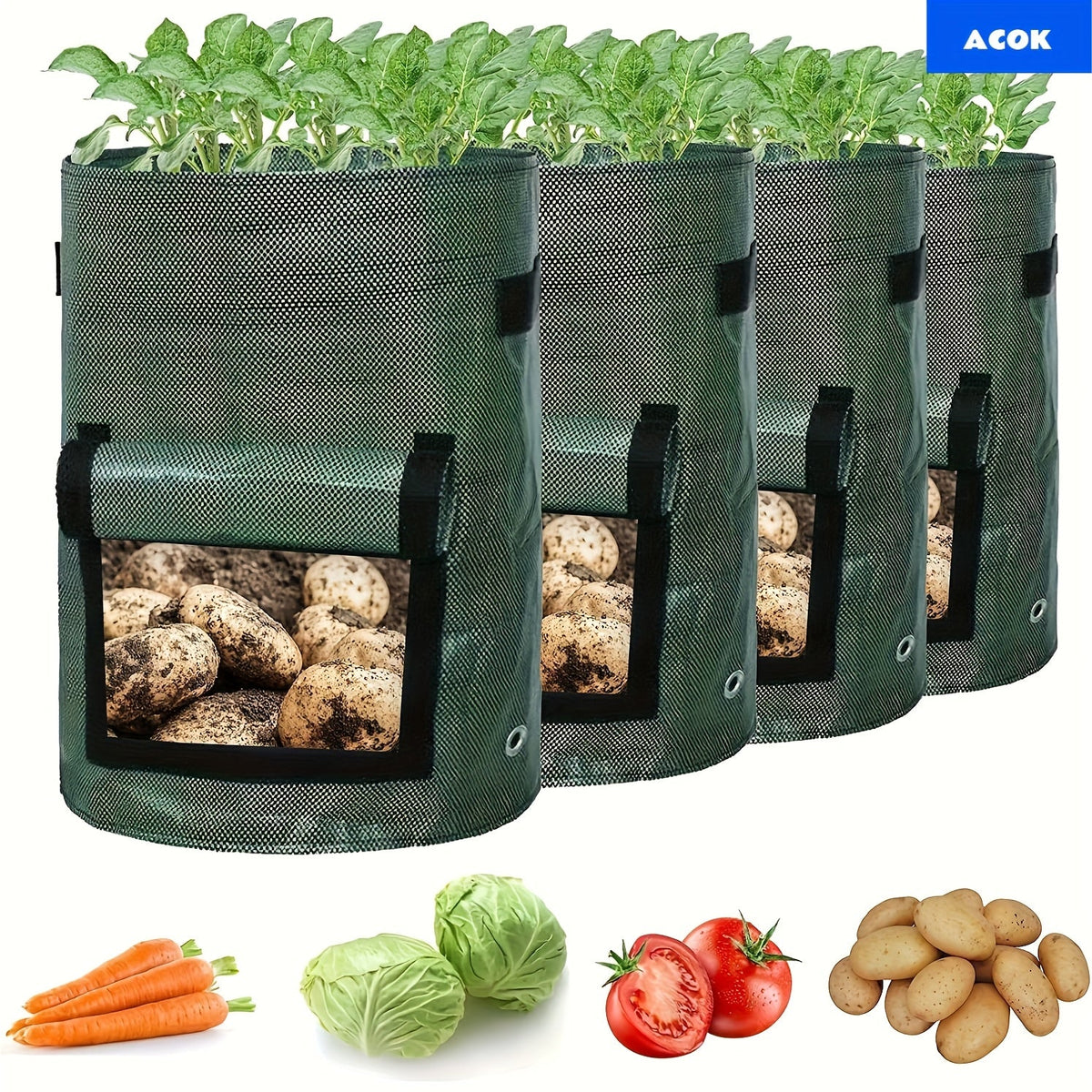 Grow Bags, Four Green 7-Gallon-Labeled Potato Side Harvest Flaps and Carry Handles for Container Planting — image 1
