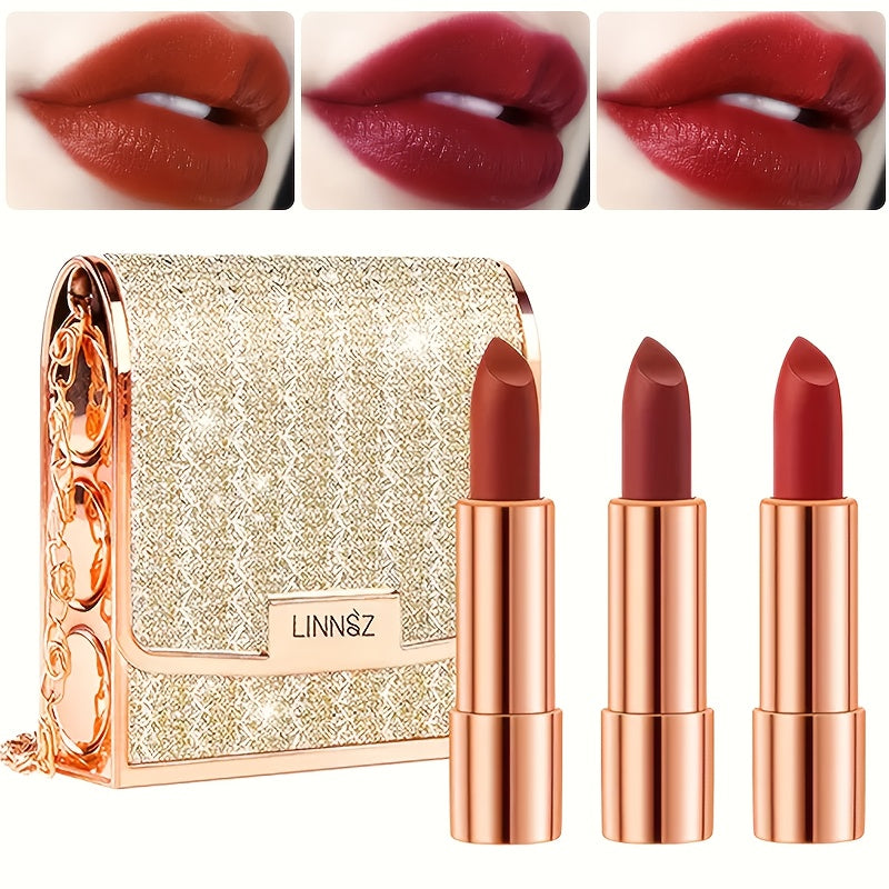 Matte Lipstick Gift Set 3 Pack Velvet Waterproof Long-Lasting Anti-Fading Intense Pigment Full Coverage Lip Color with Elegan