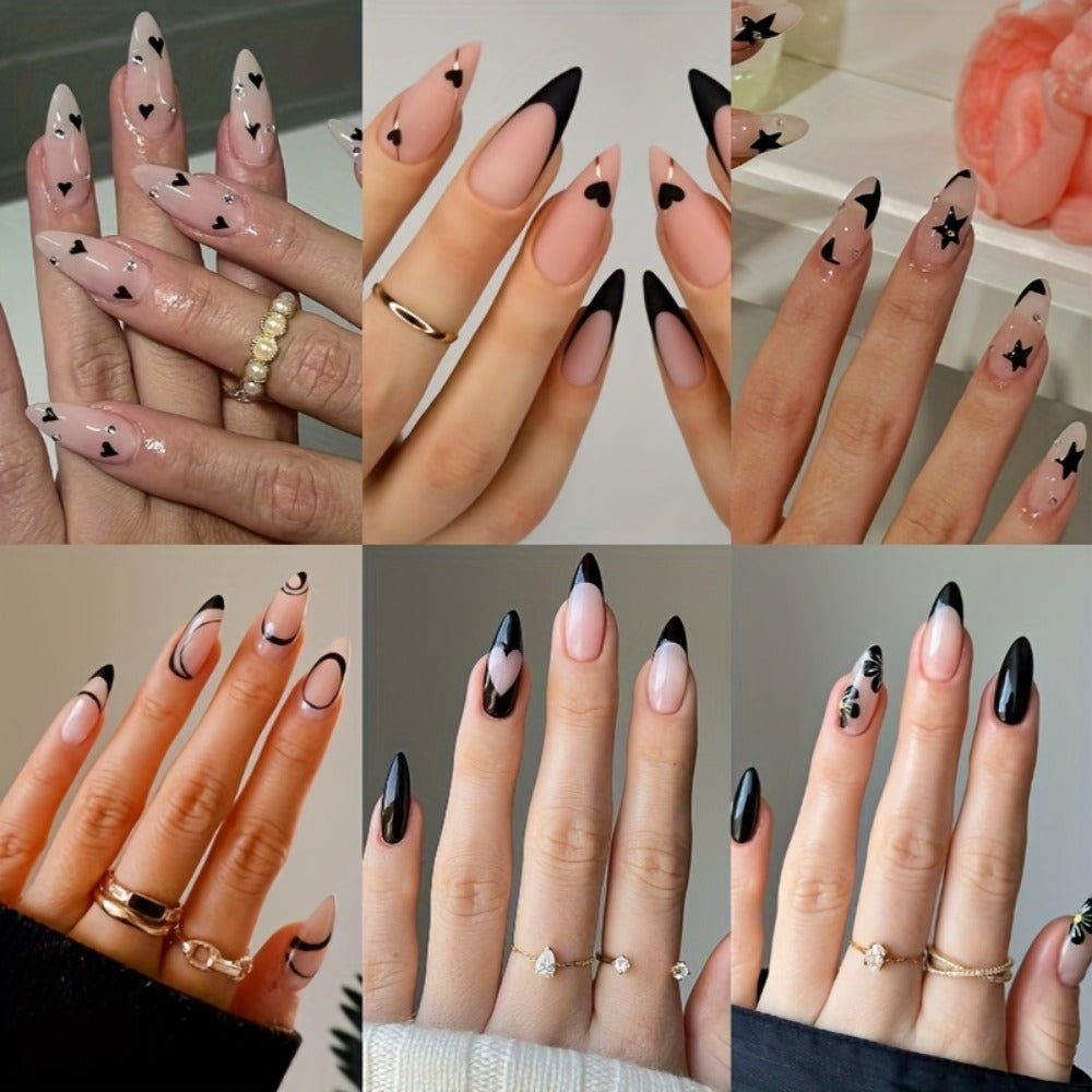 Press On Nails 144-Piece Short Almond Set with Pink Flowers, Rhinestones, Black French Tips and Glue — image 8