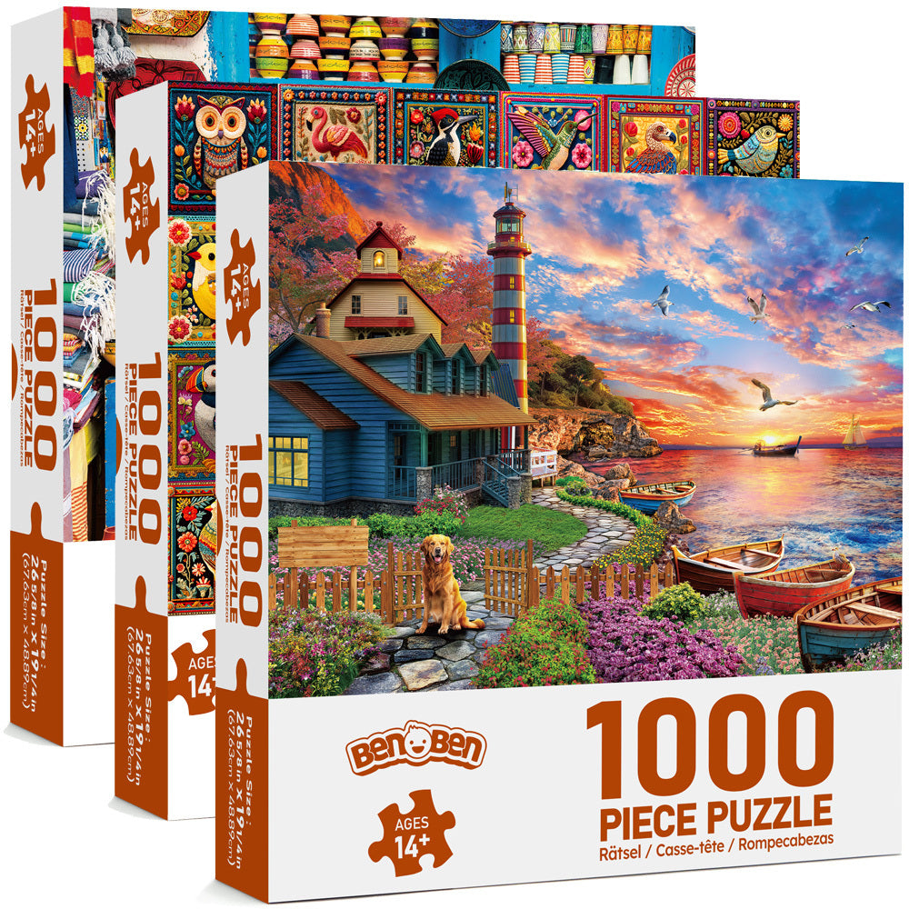 1000 Piece Jigsaw Puzzles for Adults 3 Pack – Sunset Lighthouse, Bird Crochet & Moroccan Pottery Set, Precision-Cut Brain Tea