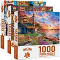 1000 Piece Jigsaw Puzzles for Adults 3 Pack – Sunset Lighthouse, Bird Crochet & Moroccan Pottery Set, Precision-Cut Brain Tea