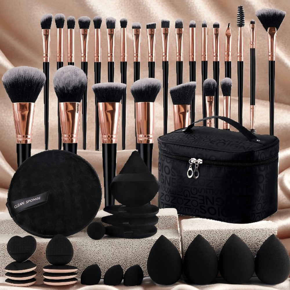 Makeup Brush Set, 23-, 44- or 47-Piece Nylon Bristle Kit with Blending Sponges and Leopard, Beige or Black Bag — image 10