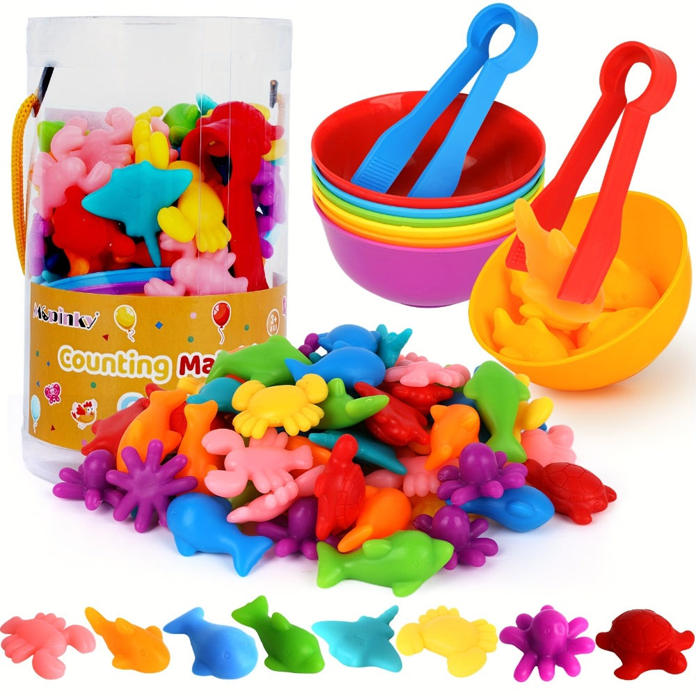Ocean Animals Color Sorting Toy 64pcs with Sorting Bowl, Toddler Counting Matching Math Learning Activity — image 1