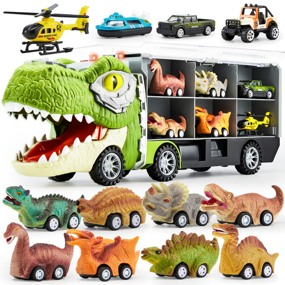 Dinosaur Truck Toy Set 13 PCS, Transport Carrier Truck with Lights & Sounds + 8 Pull-Back Cars + 3 Die-Cast Dino Vehicles + H