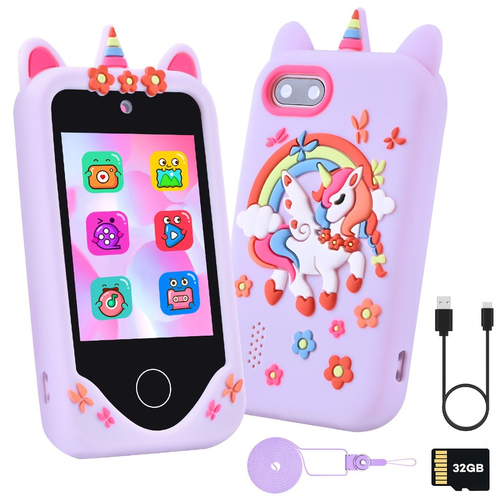 Unicorn Toy Phone in Pink or Purple with Dual Cameras, Touchscreen Interface and 32GB SD Card Label — image 1