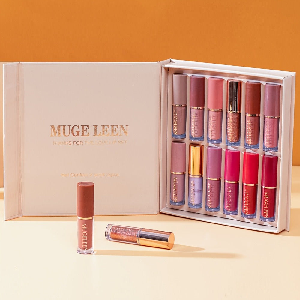 Lip Gloss Set by MUGE LEEN with 12 Mixed Nude, Pink and Red Lip Colors in a Presentation Box — image 4
