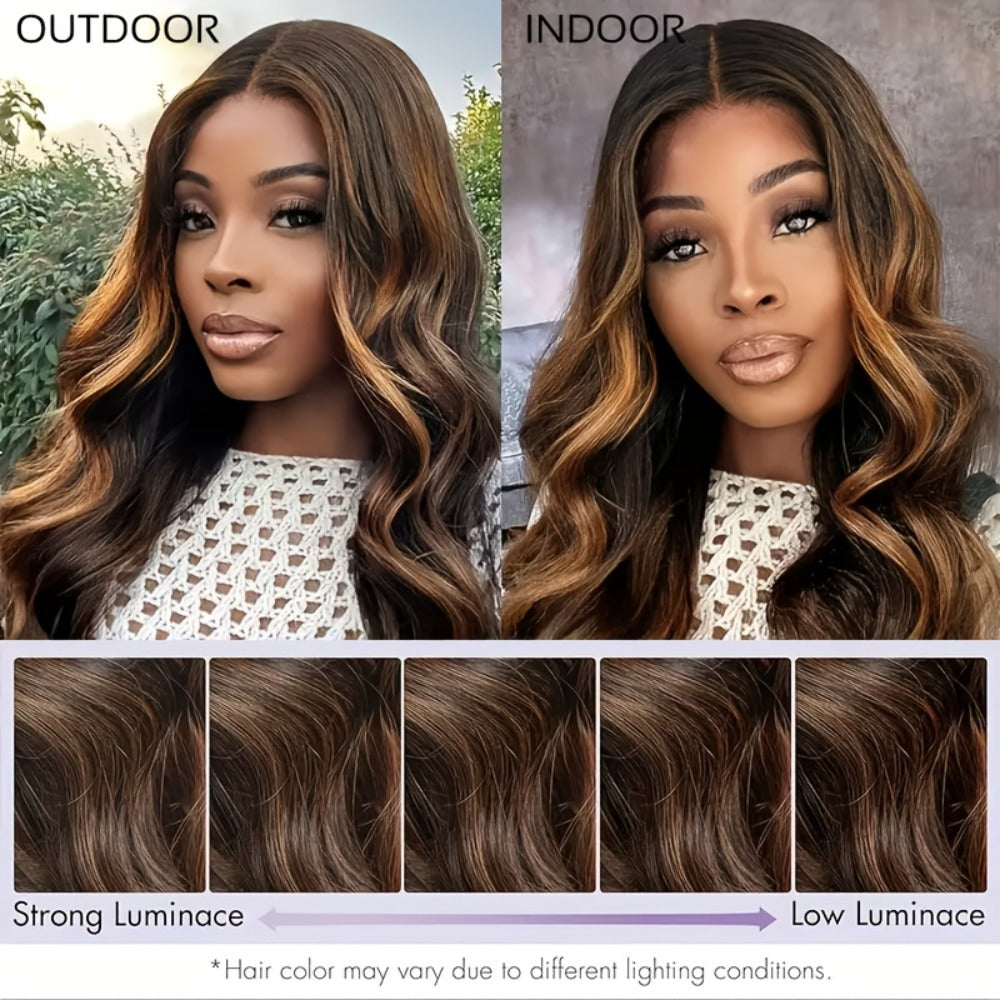 200% Density Lace Front Wig Human Hair Brown Highlights Long Wavy Pre-Plucked Glueless Heat, for Home, Travel and Salon Hair 