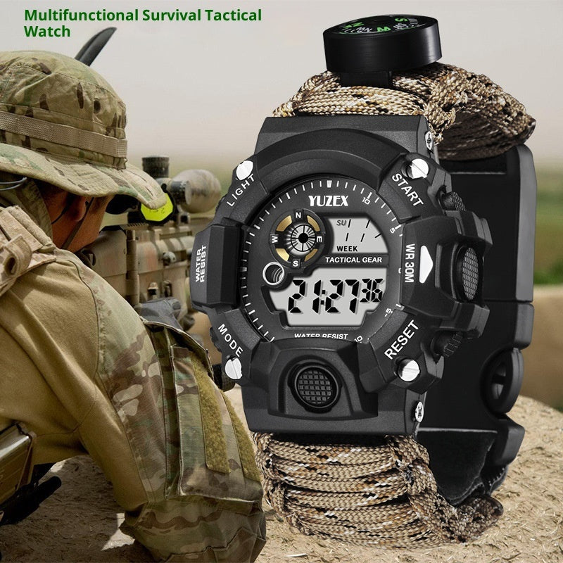 Multifunctional Parachute Cord Waterproof Watch Outdoor Survival Bracelet Sports Strap Firestone Survival Whistle Compass