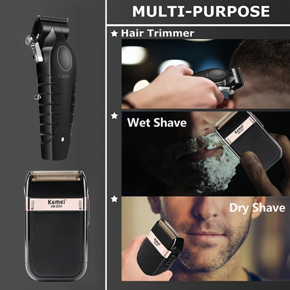 Hair Clippers & Trimmers Kemei Three-Piece Black Set with Full-Size Clipper, Detailer, Foil Shaver and Charging Base — image 
