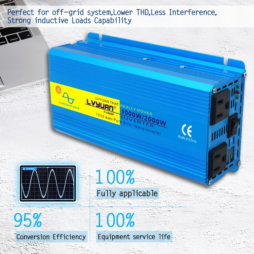 Blue 12V or 24V DC to 110V AC Power Inverter with 2000W Checkout Labels, USB Port and Battery Cables — image 6