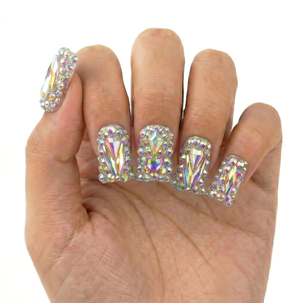 Press On Nails 10-Piece Short Duckbill Set with Glossy Mixed Colors, AB Crystals and Gel Adhesive Tabs — image 2