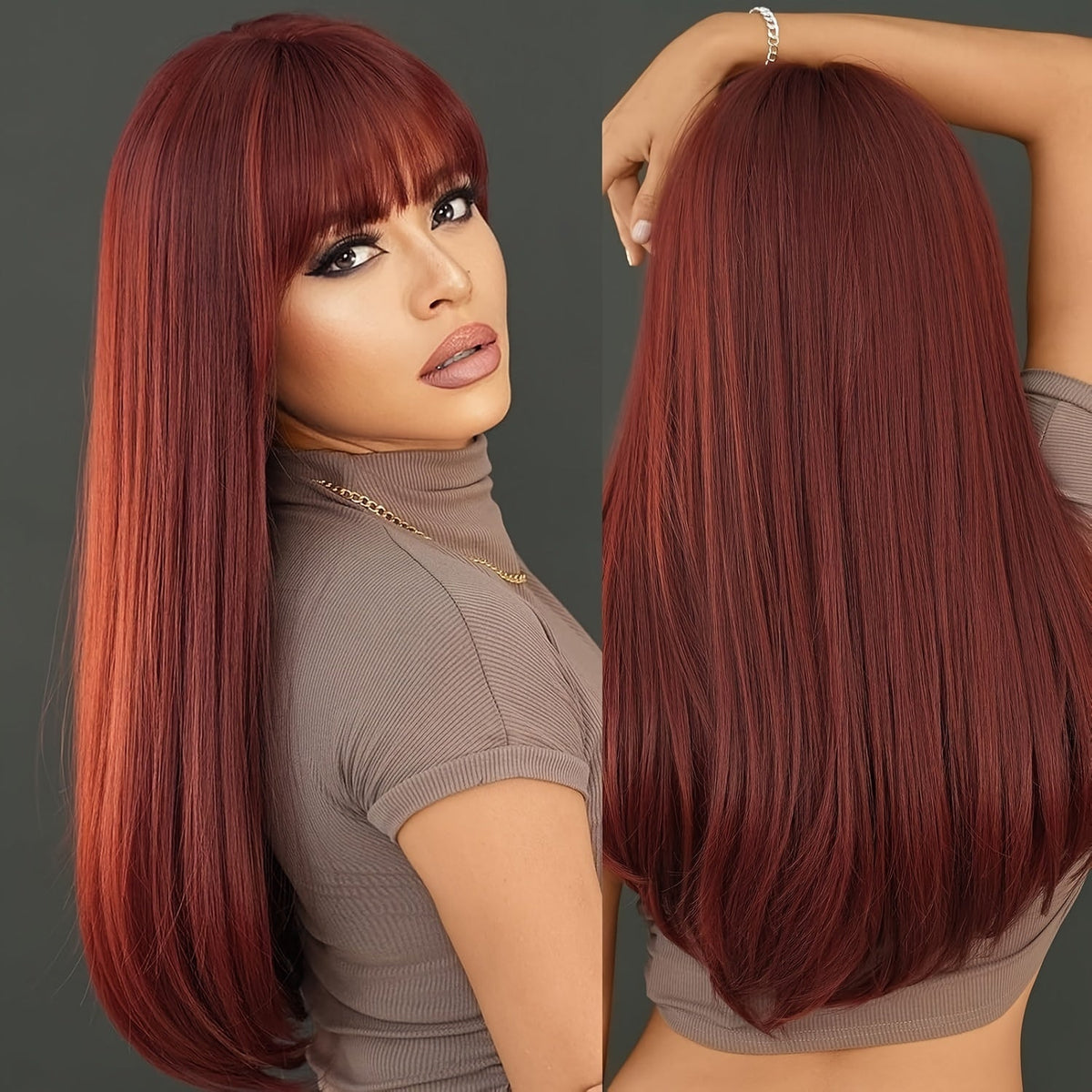 Long Straight Wig with Bangs Burgundy Wine Red 28 Inch Synthetic Heat Resistant Lightweight for Women Daily Wear Holiday Part