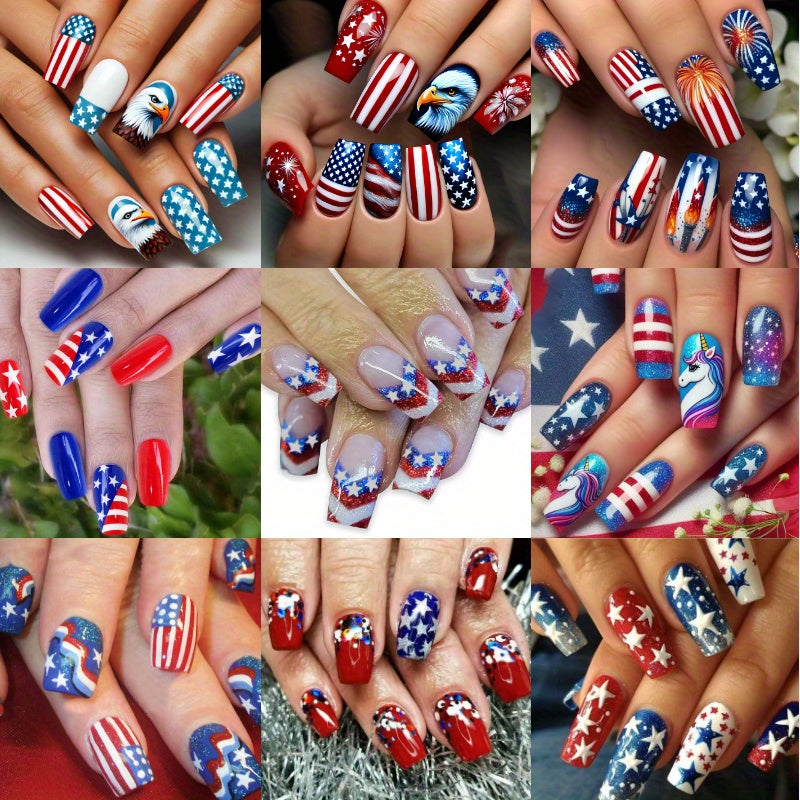 Press On Nails 216-Piece Medium Coffin Nine-Pack Red White Blue Stars and Stripes Patriotic Set — image 1