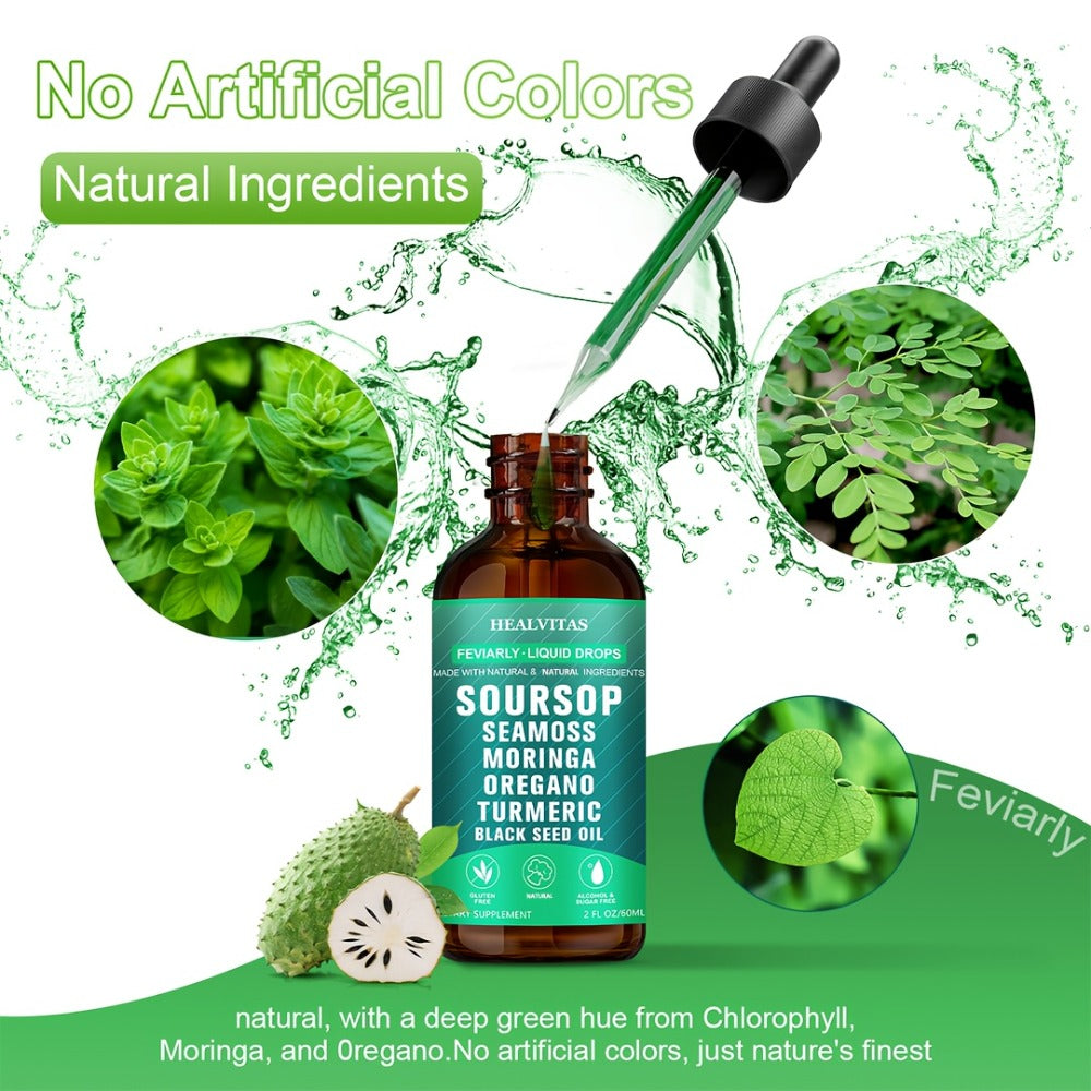 Soursop Bitters Liquid Drops 10-in-1 with Sea Moss Moringa Turmeric Black Seed Oil Oregano for Bath Time, Home Spa and Person
