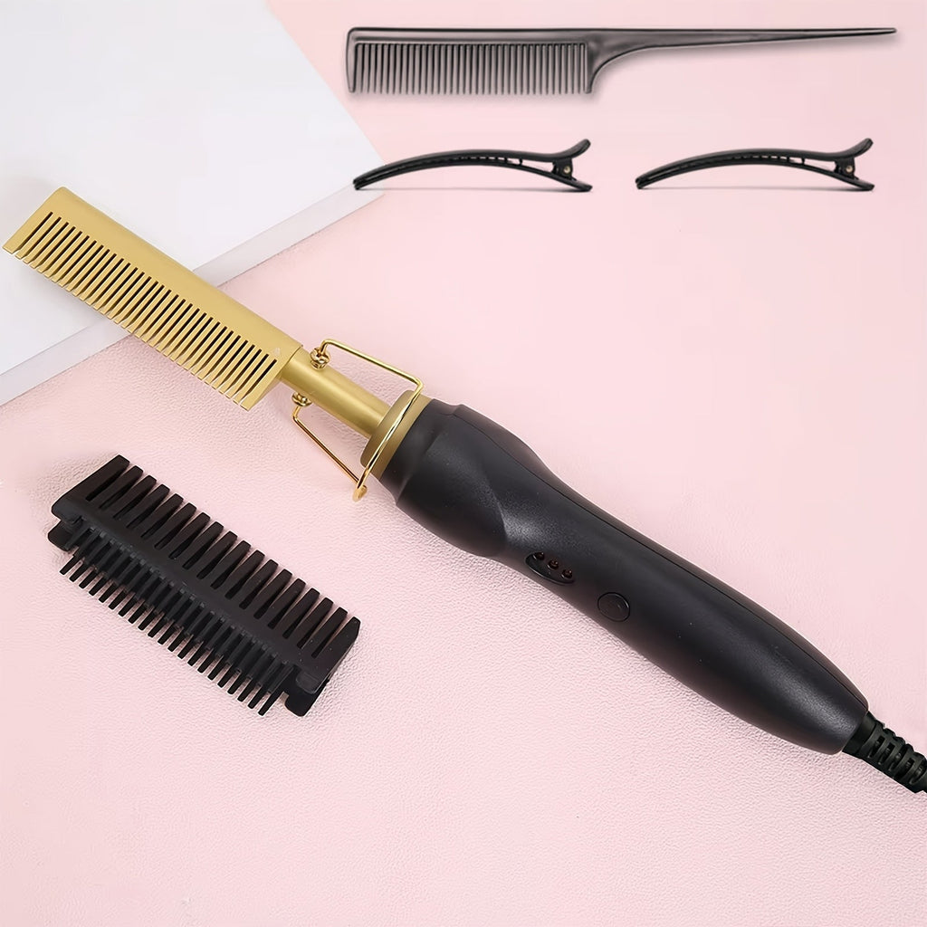 Electric Hot Comb Hair Straightener with Gold Titanium-Alloy Teeth, Detachable Guard and Adjustable Heat Controls — image 1
