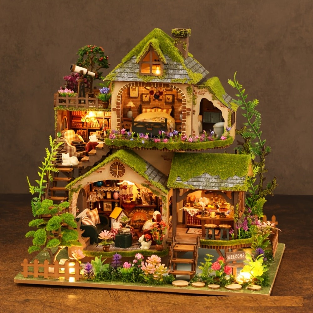 Wooden Forest Hut Miniature Model Kit with Multi-Level Cabin Scene, Lighting Details and Forest Adventures Label — image 2