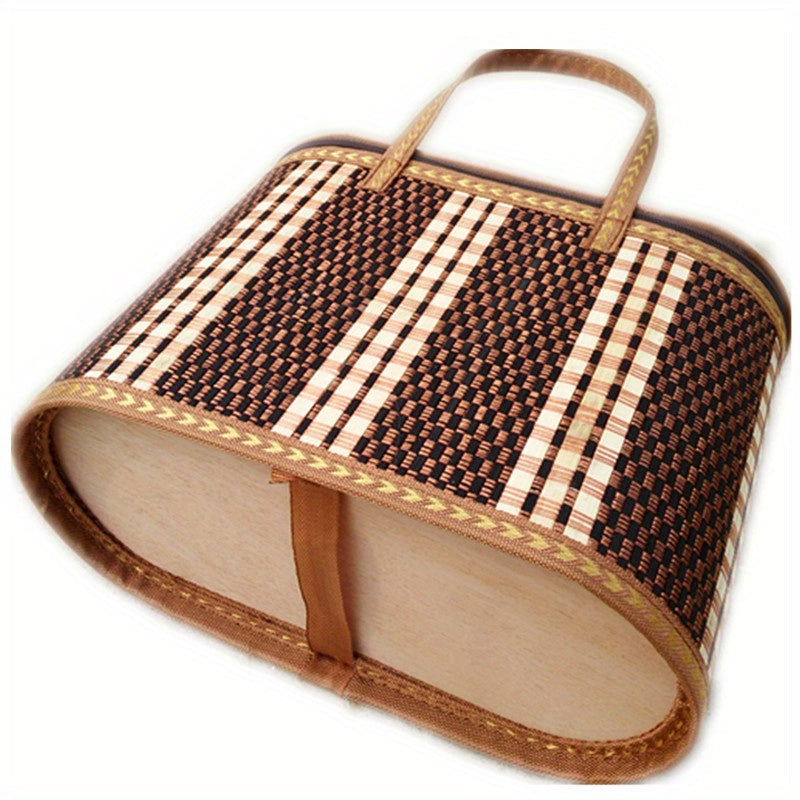 Woven Picnic Storage Basket with Fitted Checked Lid and Carry Handles, 14.17 x 6.3 x 10.24 Inches — image 4
