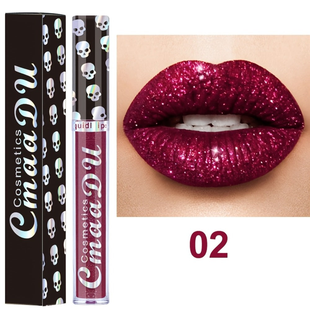 Glitter Lip Gloss Set 3pcs Skull Design Shimmer Liquid Lipstick Long Lasting Easy Remove Bold Shiny Lip Color for Music Festi