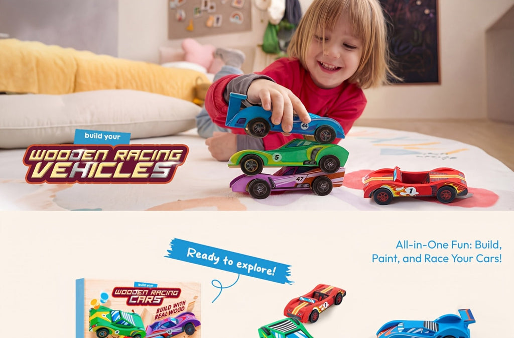 DIY Wooden Race Cars 4pcs Build & Paint Kit for Kids Ages 8+, 44 Pre-Cut Pieces 12 Colors Racing Stickers — image 10