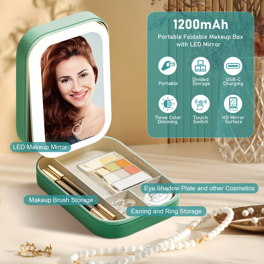 Lighted Makeup Case with LED Mirror & Cosmetic Organizer – 1200mAh Rechargeable USB Travel, for Makeup, Travel and Everyday V
