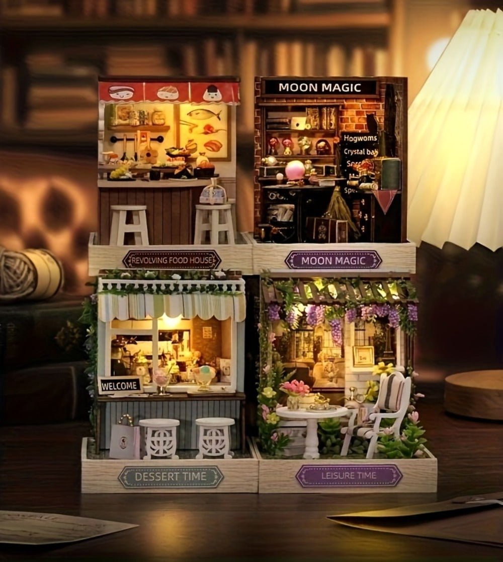 DIY Wooden Tiny House Kit with Dust Cover, Handmade Miniature Dollhouse Puzzle, 3 Themes Afternoon Tea Rotating Food House Mo