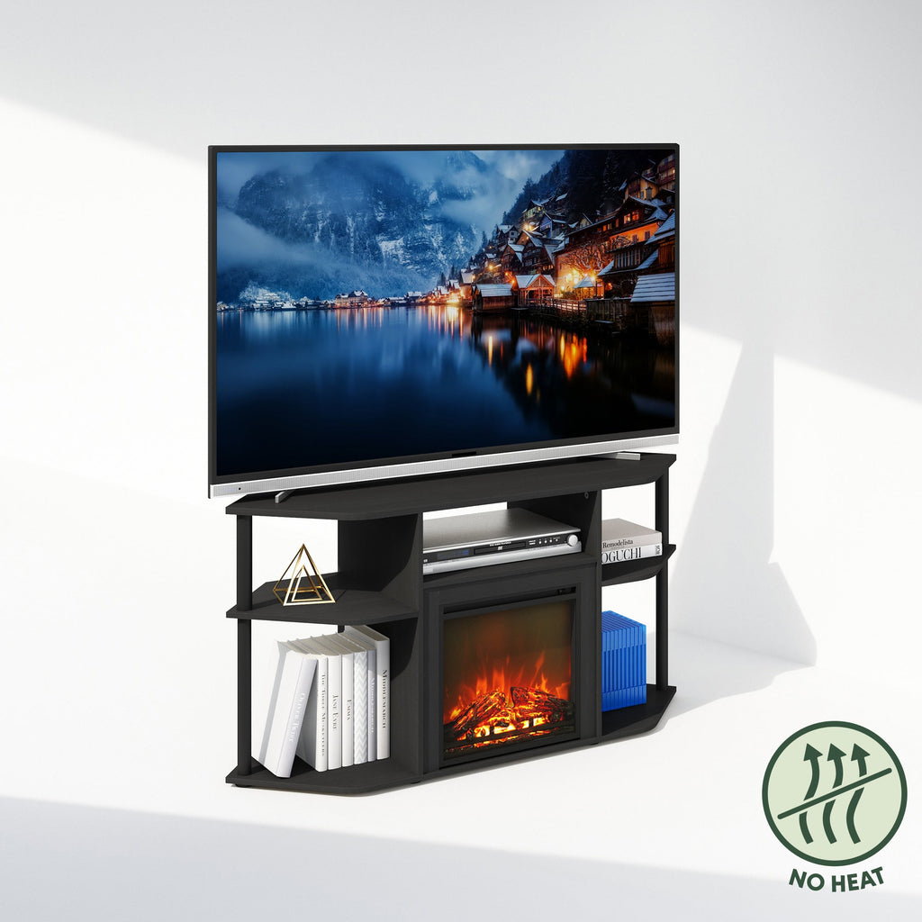 Corner TV Stand with Electric Fireplace, 55" Entertainment Center with Open Storage Shelves & Decorative Plastic Poles — imag