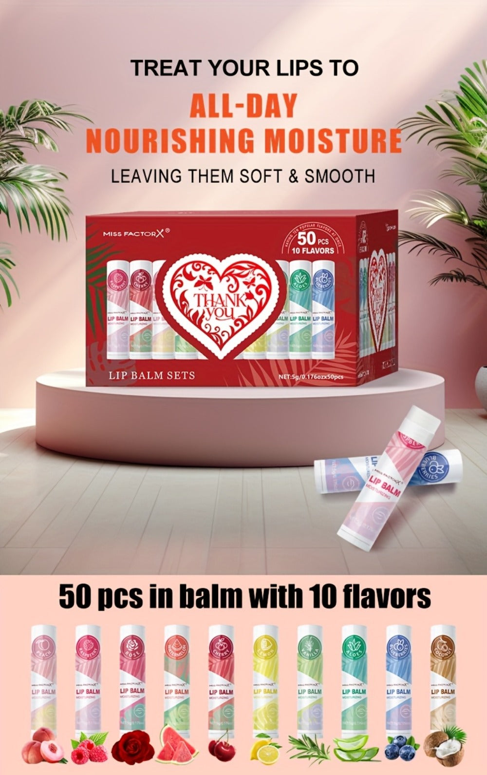 Fruit Flavored Lip Gloss Set 50 Pieces – Moisturizing Lip Balm Kit in 10 Colors, Hydrating Lip Care for Dry & Cracked Lips, D