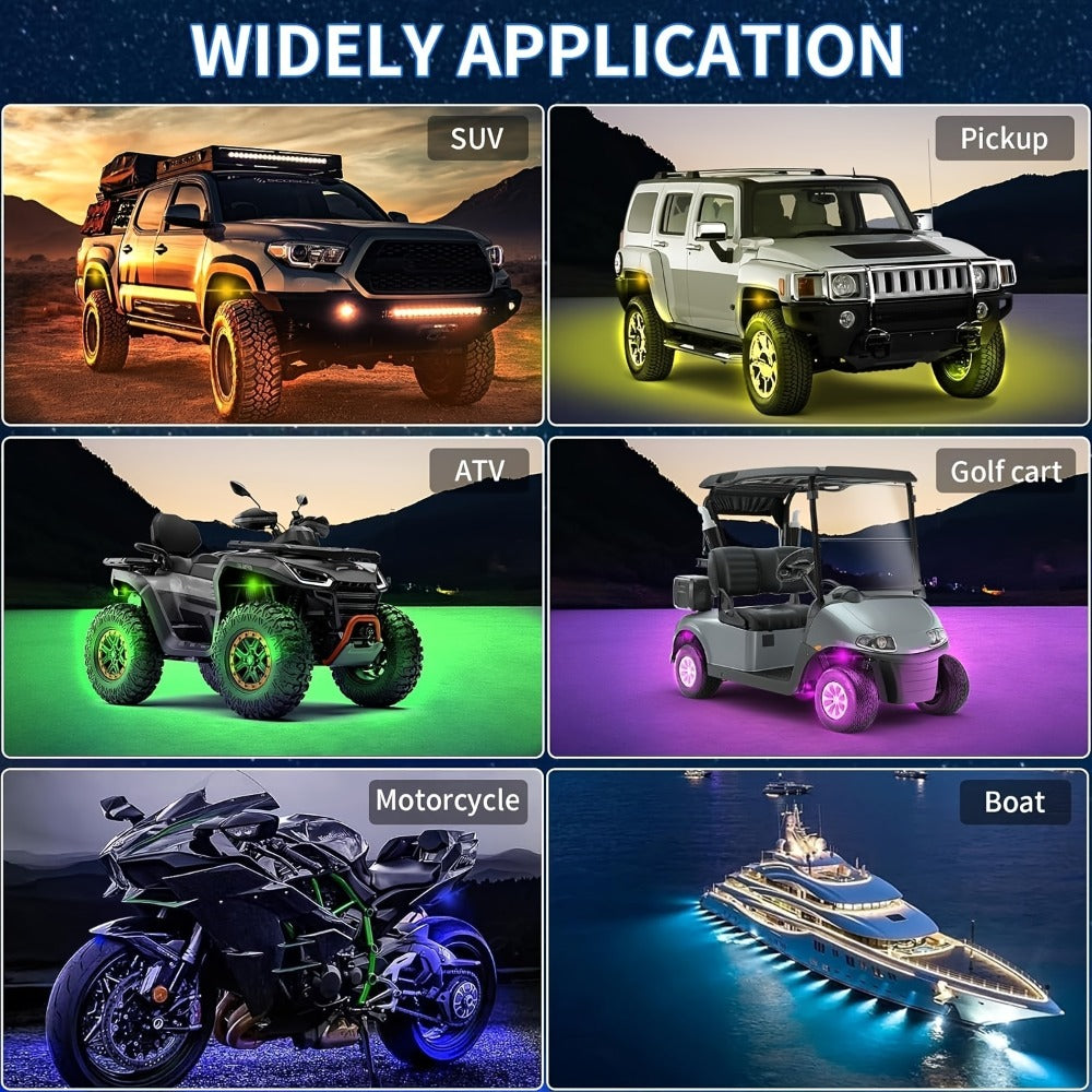RGB LED Rock Lights Kit for Trucks & Off-Road – App & Remote Control, Music Mode, Underglow Neon Lights for SUV, ATV, UTV — i
