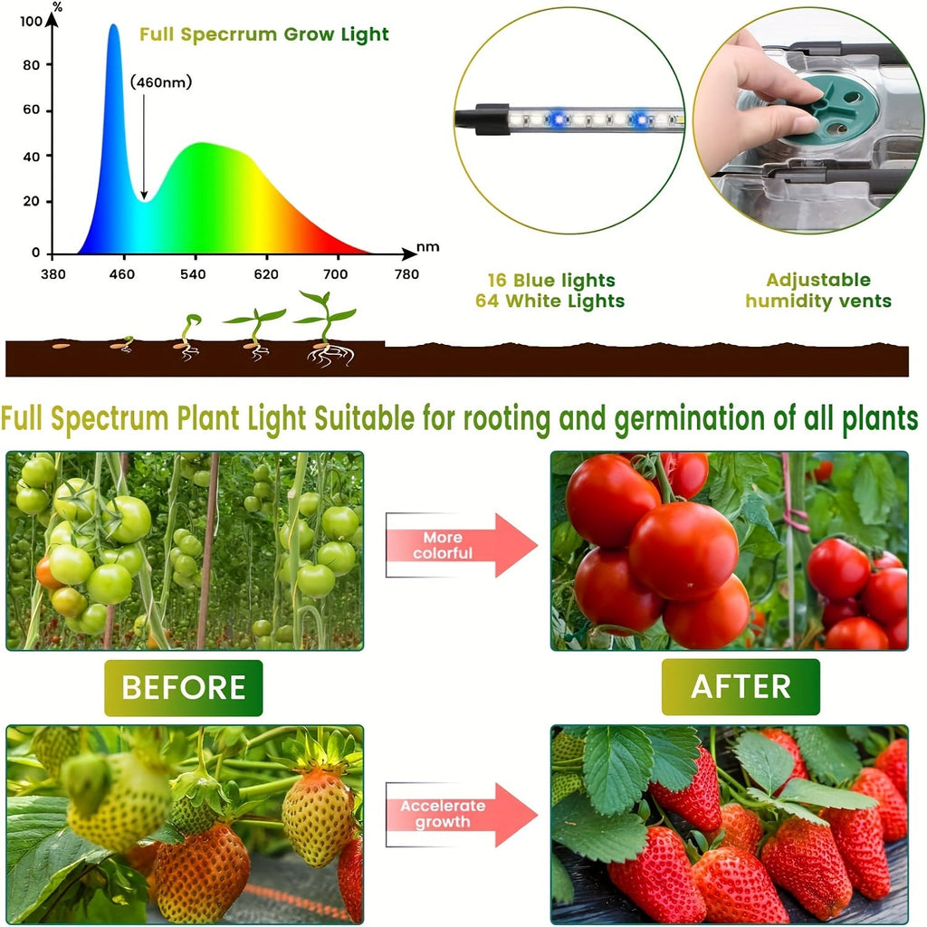 Seed Starting Tray Kit 4-Set 160 Cells High Dome | 8 LED Grow Lights Smart Timer 3 Modes 5 Brightness | Indoor Greenhouse Ger
