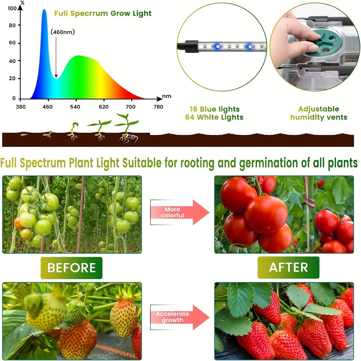 Seed Starting Tray Kit 4-Set 160 Cells High Dome | 8 LED Grow Lights Smart Timer 3 Modes 5 Brightness | Indoor Greenhouse Ger