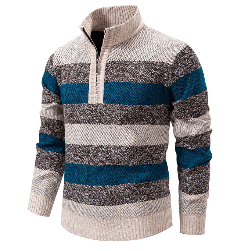 Mens Color-Block Stand-Up Collar Half-Zip Fleece-Lined Thermal Sweater