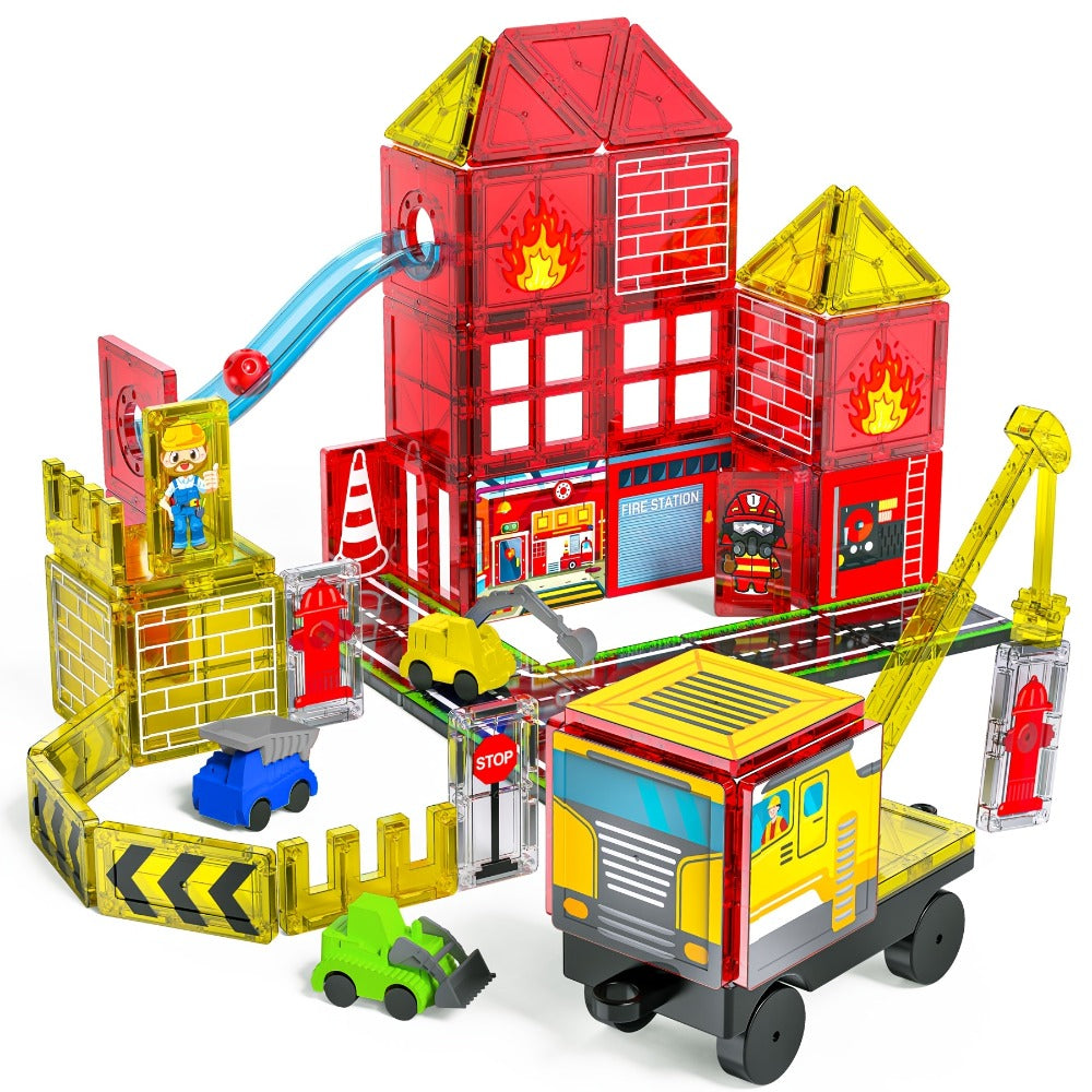 Magnetic Tiles 56-Piece Fire Station Building Set with Road Panels, Crane, Ramps and Vehicle Pieces — image 3