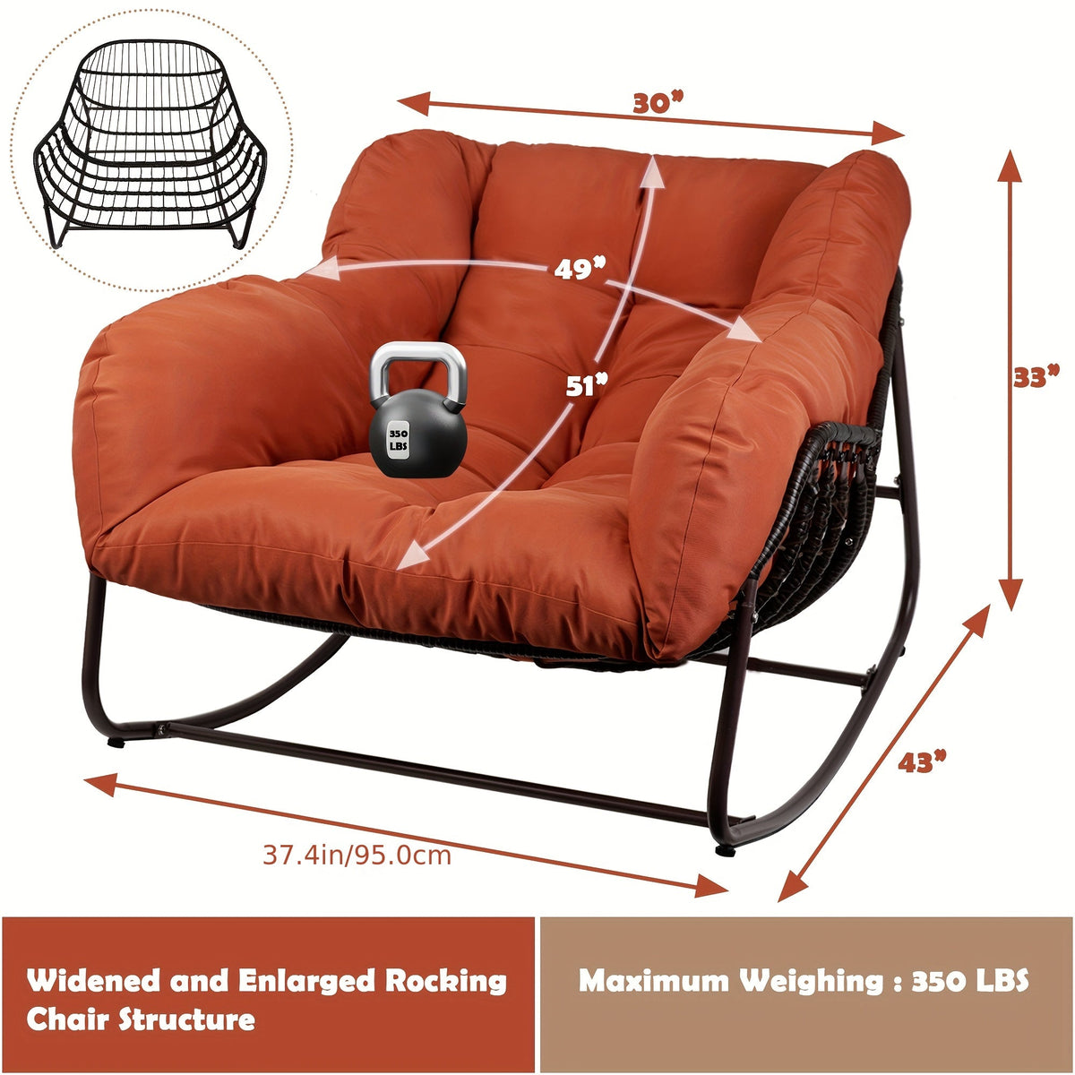 Papasan Rocking Chair Outdoor Wicker Egg Chair with Cushion & Pillow, Large Patio Rocker for Garden — image 4