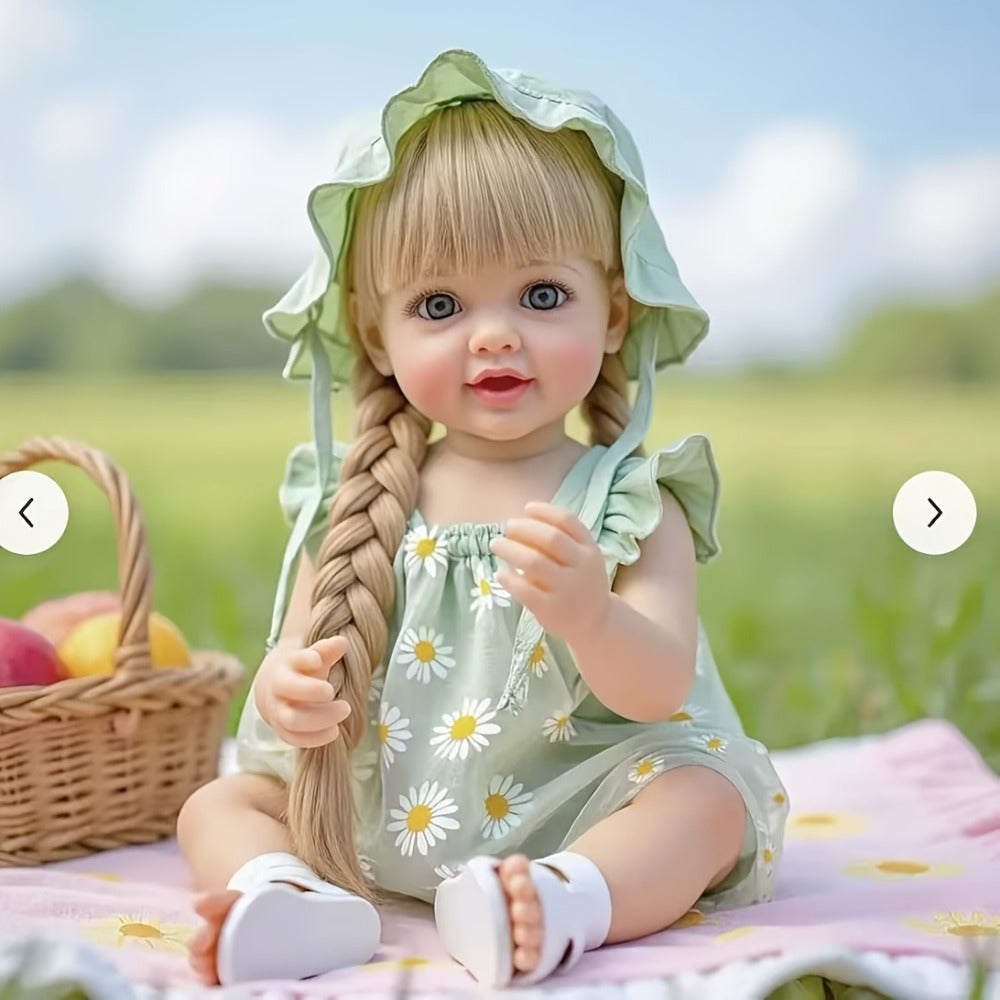 Reborn Baby Doll 22-Inch Full Vinyl Design with Long Blonde Hair, Open Eyes, Green Outfit and Accessories — image 5