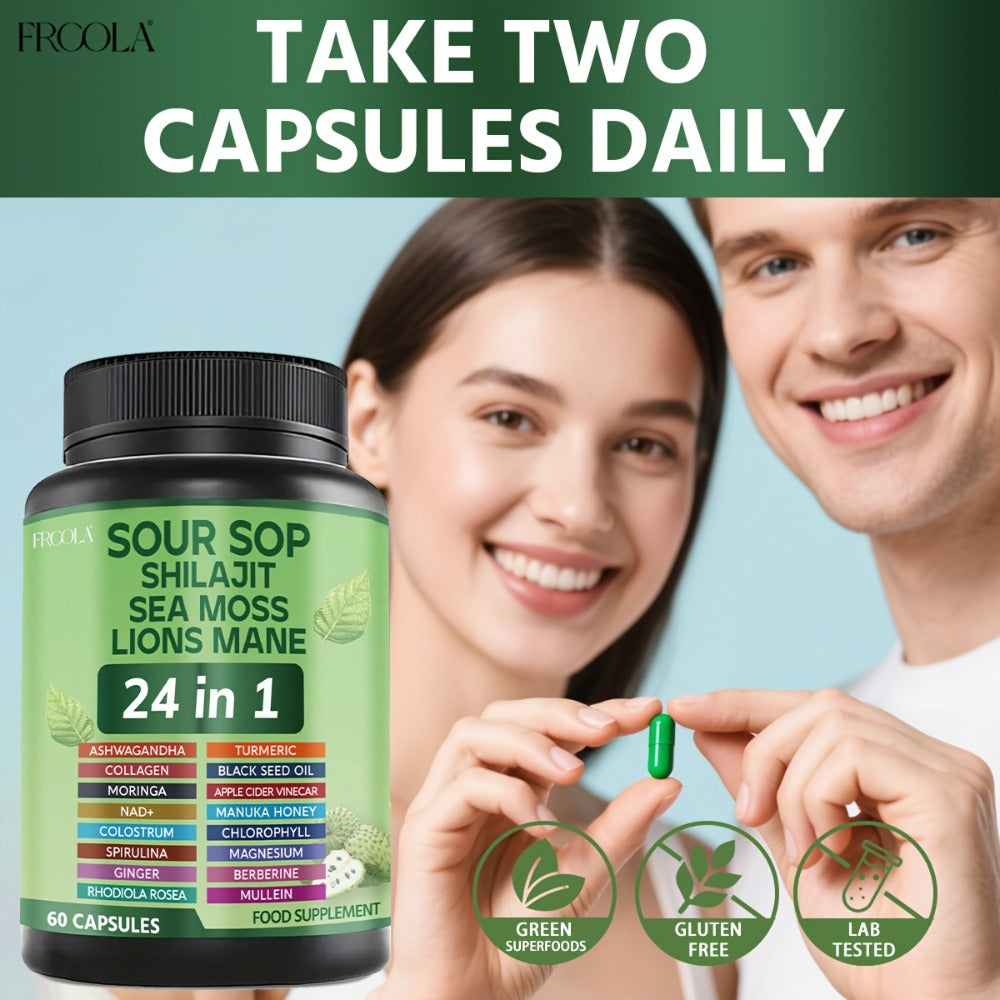 Soursop Graviola Supplement Capsules 24-in-1 with Sea Moss, Shilajit, Lion’s Mane, Vitamin D3, Black Seed Oil — image 4