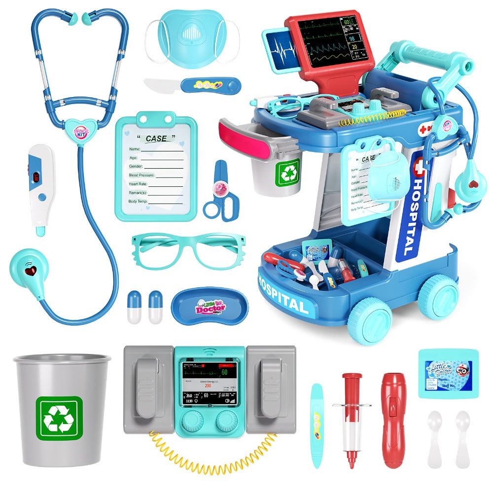Kids Doctor Kit with Medical Cart Set, Movable Toy Trolley, Stethoscope, Thermometer & Accessories — image 3