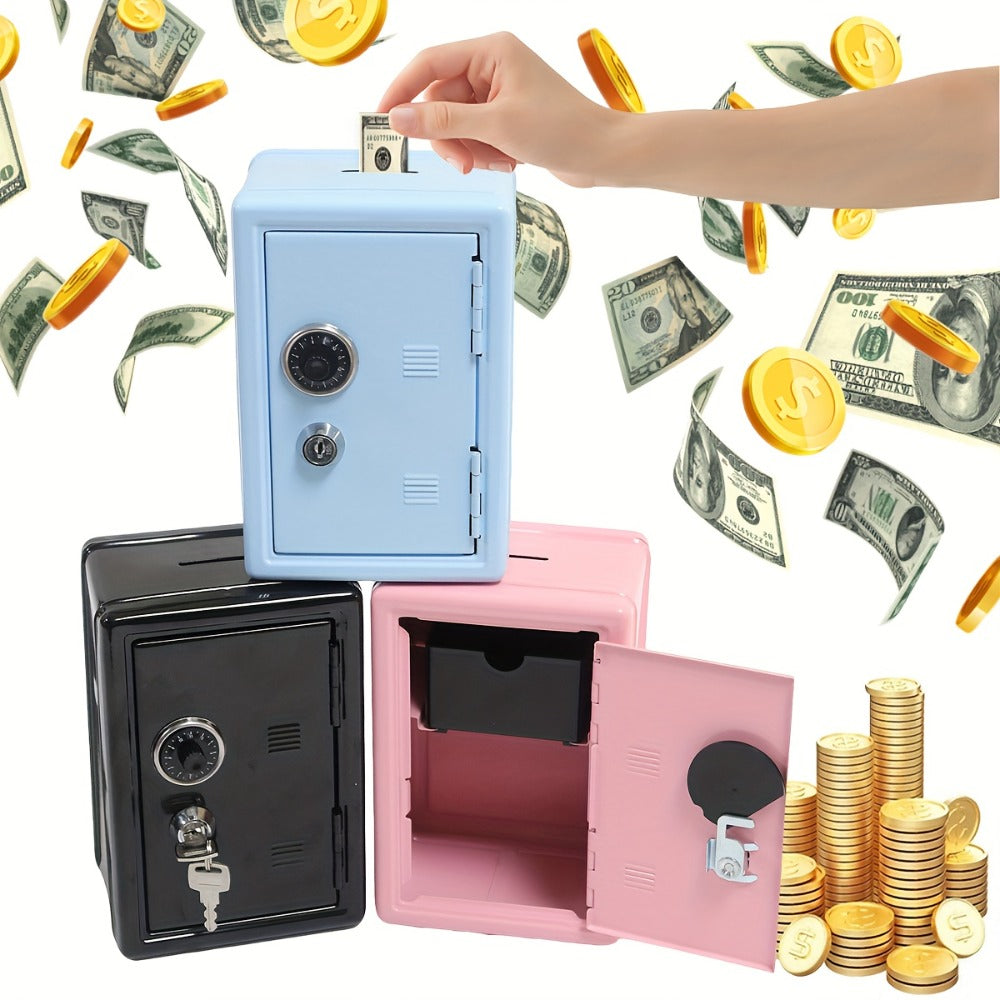 Metal Coin Bank Safe with Key and Combination Lock – Secure Steel Money Box with Removable Drawer, Coin Slot & Cash Storage f