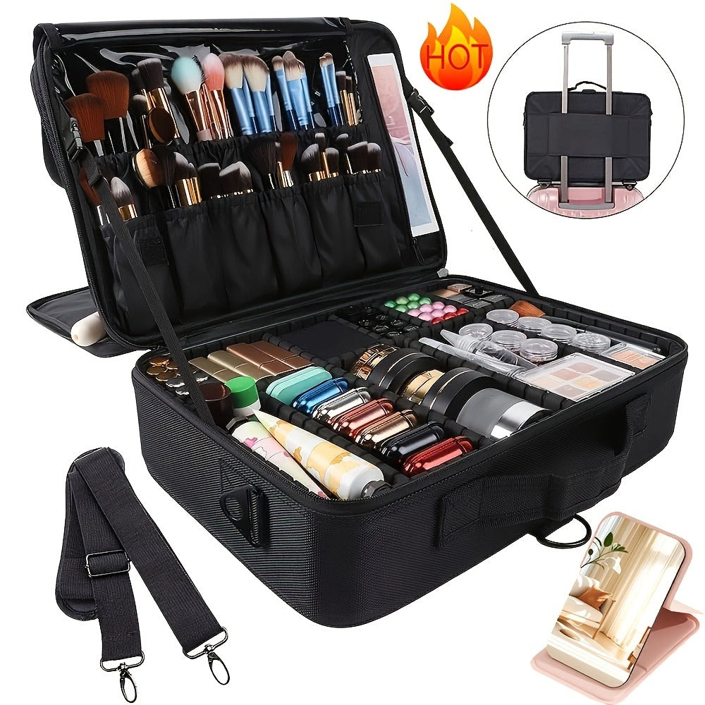 Black 15.8-Inch Soft Makeup Train Case with Three-Layer Interior, Brush Panel and Shoulder Strap — image 1