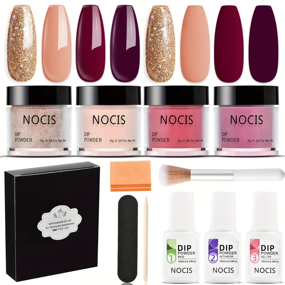 Dip Powder Nail Kit with NOCIS Label, Four Brown Nude Burgundy Glitter Powders, Three 10ml Liquids and Tools — image 1