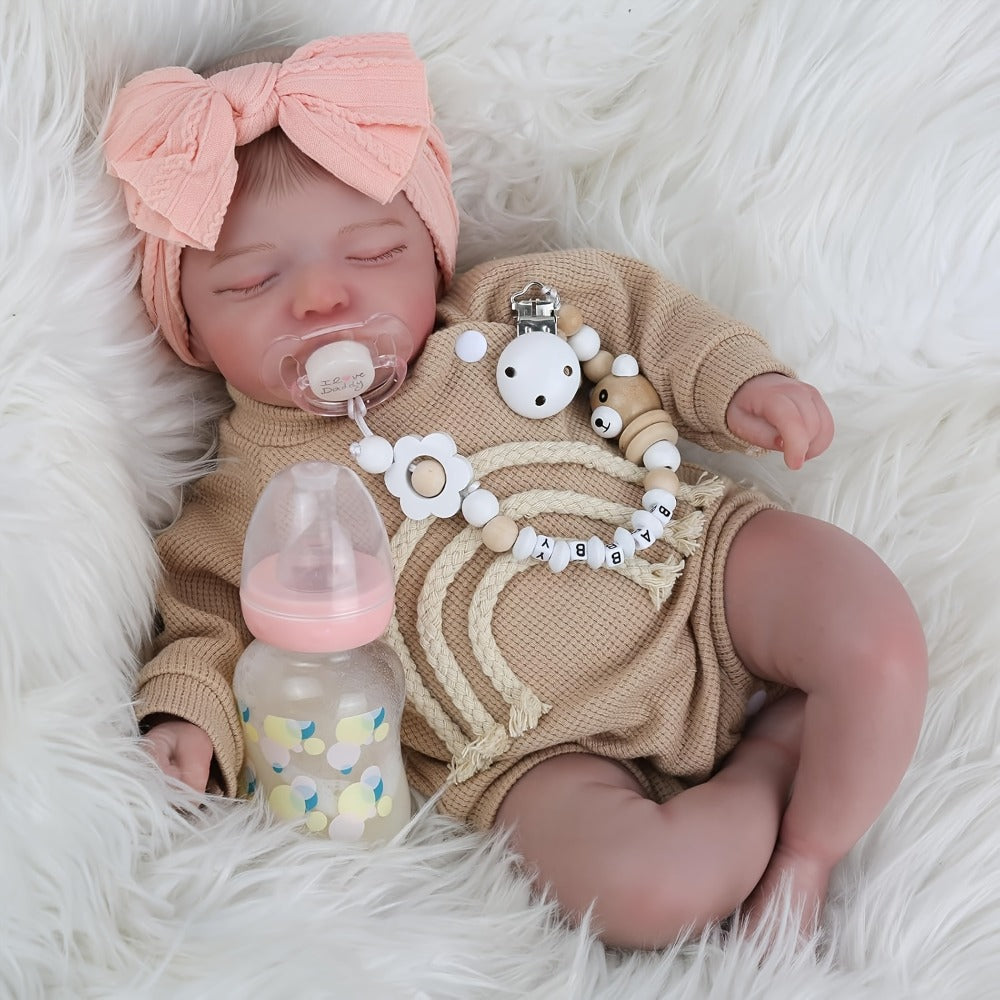 Reborn Baby Doll 20-Inch Sleeping Soft Cloth Body with Striped Outfit, Bow Headband and Feeding Accessories — image 1