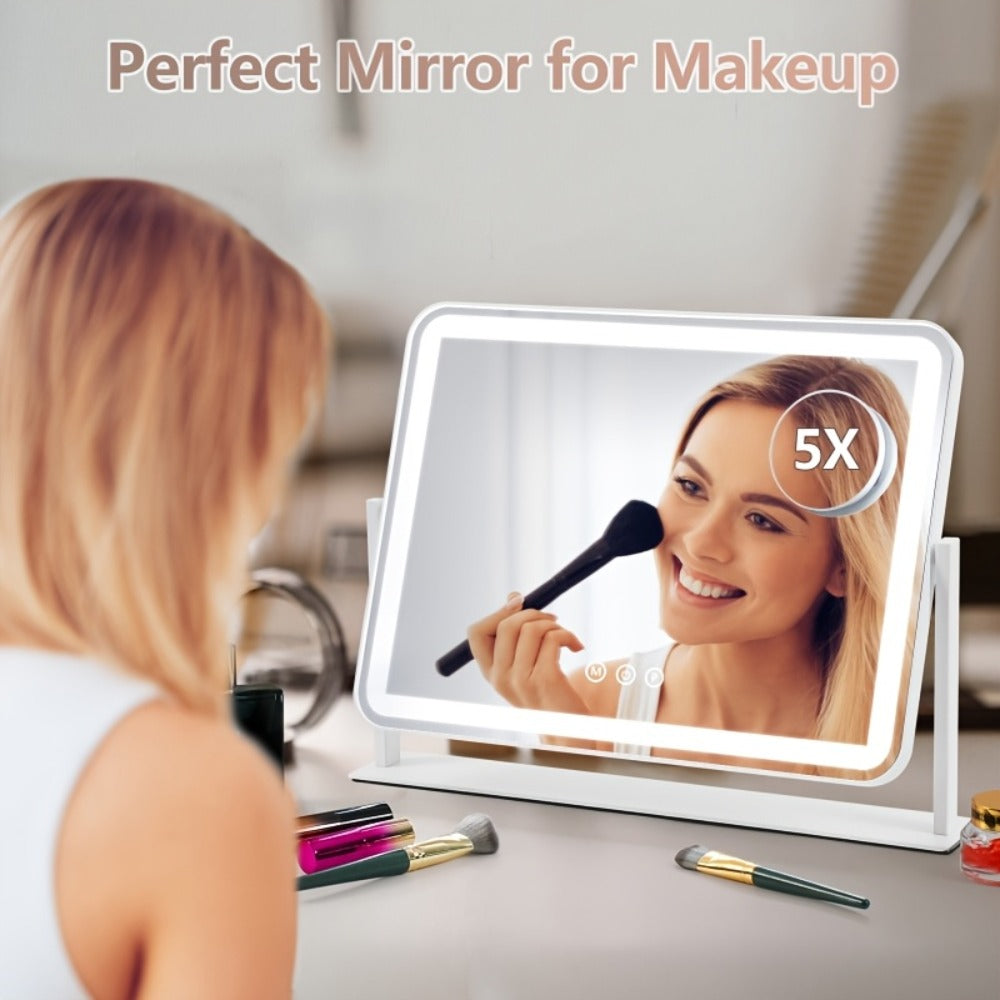 LED Vanity Mirror, Rectangular Tabletop Makeup Mirror with Touch Dimming and Three Light Colors on a Rotating Stand — image 7