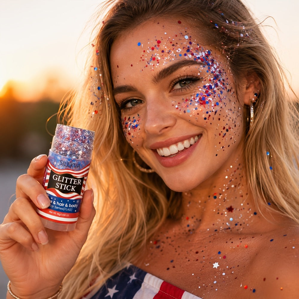 Glitter Makeup Stick Red & Blue Multi-Use Glitter Gel for Face Hair & Body – Patriotic American Flag Theme for July 4th Indep