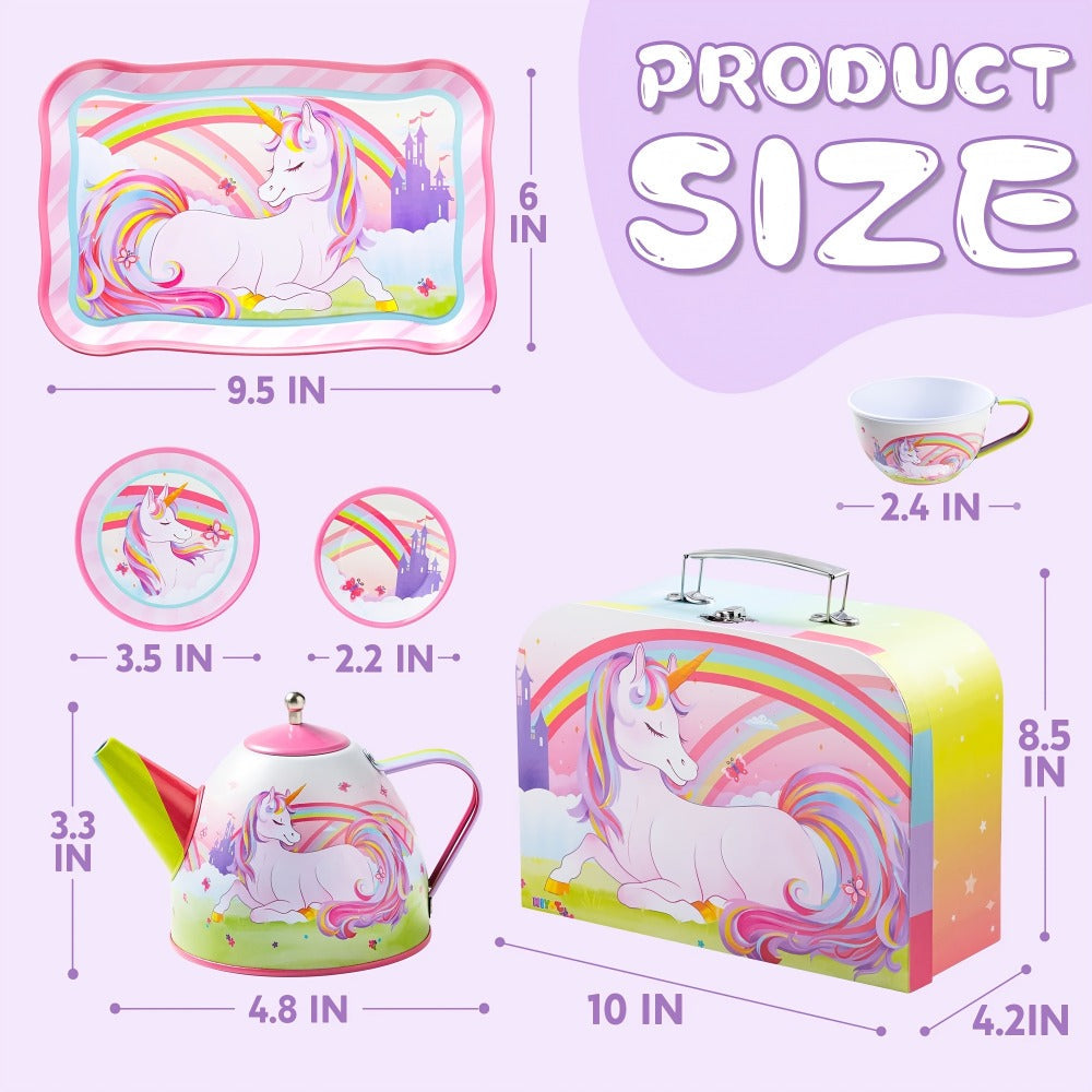 Pink Unicorn Tin Tea Set in Carry Case with Teapot, Four Cups, Four Saucers and Five Plates — image 2